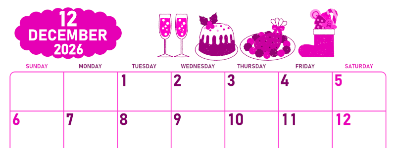 2026年12月横型日曜始まり 御馳走イラストのかわいいA4無料ピンクのカレンダー(2026-00831200)