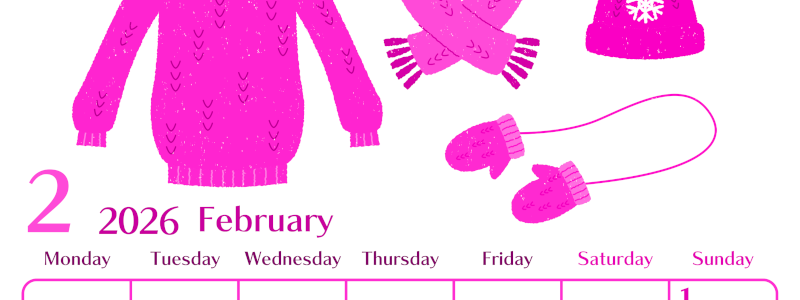 2026年2月縦型月曜始まり イラストのおしゃれA4無料ピンクのカレンダー(2026-00840211)