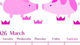 2026年3月縦型月曜始まり 子豚イラストのおしゃれA4無料ピンクのカレンダー(2026-00840311)