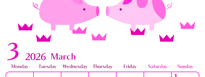 2026年3月縦型月曜始まり 子豚イラストのおしゃれA4無料ピンクのカレンダー(2026-00840311)
