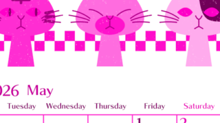 2026年5月縦型月曜始まり 猫たちイラストのおしゃれA4無料ピンクのカレンダー(2026-00840511)