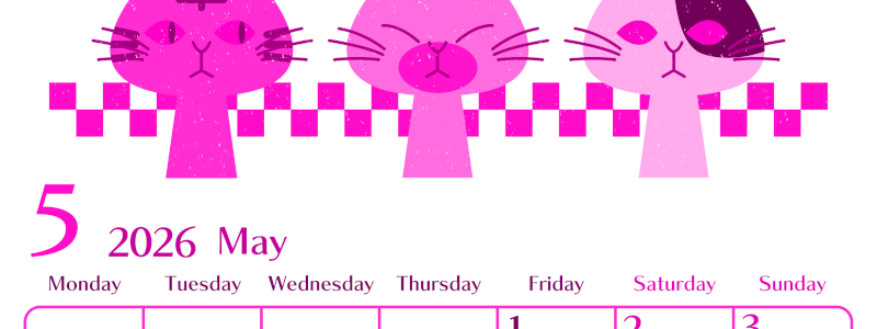 2026年5月縦型月曜始まり 猫たちイラストのおしゃれA4無料ピンクのカレンダー(2026-00840511)
