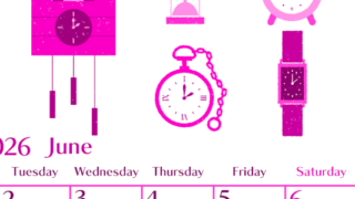 2026年6月縦型月曜始まり 時計イラストのおしゃれA4無料ピンクのカレンダー(2026-00840611)