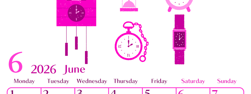 2026年6月縦型月曜始まり 時計イラストのおしゃれA4無料ピンクのカレンダー(2026-00840611)