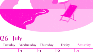 2026年7月縦型月曜始まり  バカンスイラストのおしゃれA4無料ピンクのカレンダー(2026-00840711)