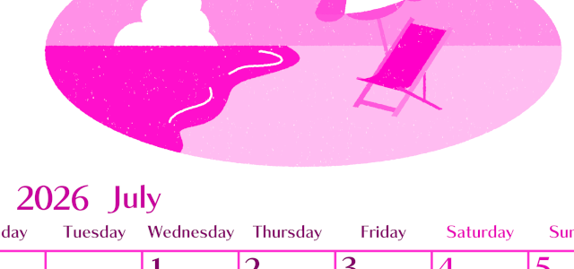 2026年7月縦型月曜始まり  バカンスイラストのおしゃれA4無料ピンクのカレンダー(2026-00840711)