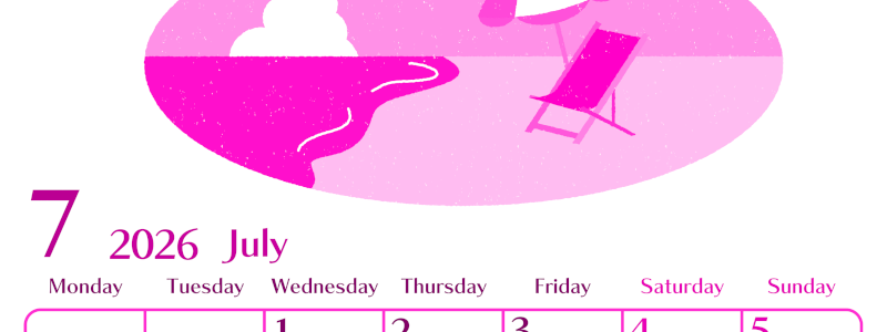 2026年7月縦型月曜始まり  バカンスイラストのおしゃれA4無料ピンクのカレンダー(2026-00840711)