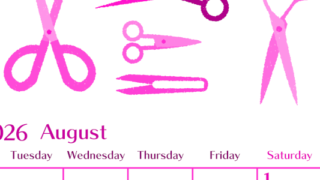 2026年8月縦型月曜始まり ハサミイラストのおしゃれA4無料ピンクのカレンダー(2026-00840811)