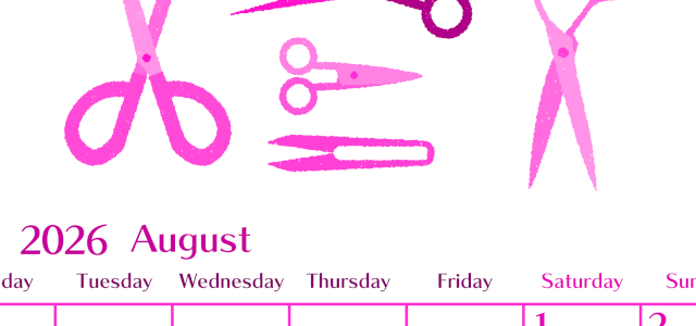 2026年8月縦型月曜始まり ハサミイラストのおしゃれA4無料ピンクのカレンダー(2026-00840811)