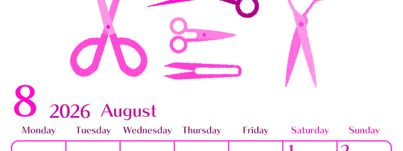 2026年8月縦型月曜始まり ハサミイラストのおしゃれA4無料ピンクのカレンダー(2026-00840811)