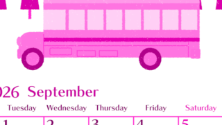 2026年9月縦型月曜始まり バスイラストのおしゃれA4無料ピンクのカレンダー(2026-00840911)