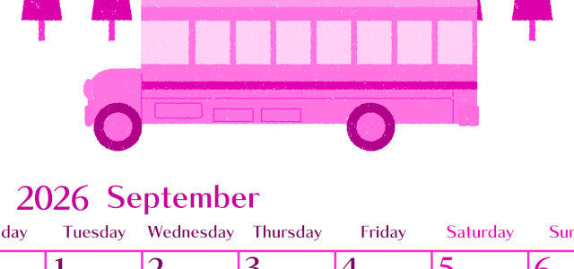 2026年9月縦型月曜始まり バスイラストのおしゃれA4無料ピンクのカレンダー(2026-00840911)