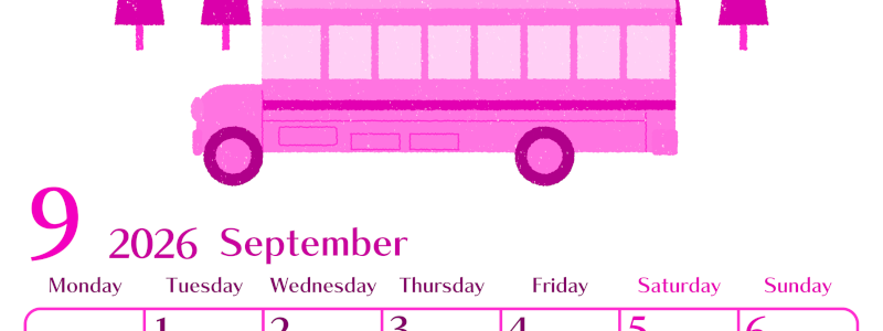 2026年9月縦型月曜始まり バスイラストのおしゃれA4無料ピンクのカレンダー(2026-00840911)