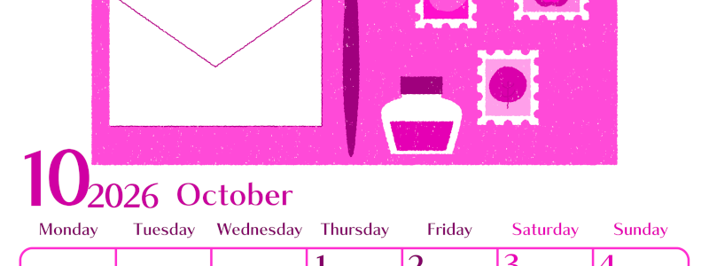 2026年10月縦型月曜始まり 手紙イラストのおしゃれA4無料ピンクのカレンダー(2026-00841011)