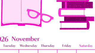 2026年11月縦型月曜始まり 読書イラストのおしゃれA4無料ピンクのカレンダー(2026-00841111)