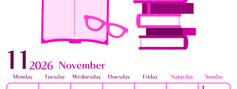 2026年11月縦型月曜始まり 読書イラストのおしゃれA4無料ピンクのカレンダー(2026-00841111)