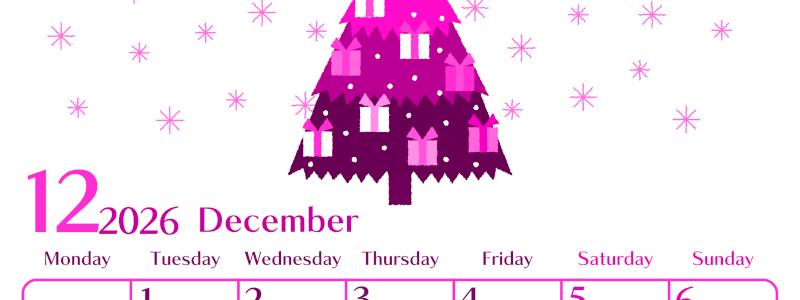2026年12月縦型月曜始まり クリスマスツリーイラストのおしゃれA4無料ピンクのカレンダー(2026-00841211)