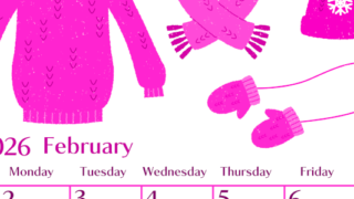 2026年2月縦型日曜始まり イラストのおしゃれA4無料ピンクのカレンダー(2026-00840210)