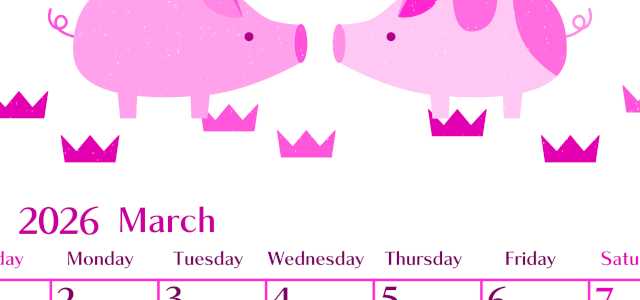 2026年3月縦型日曜始まり 子豚イラストのおしゃれA4無料ピンクのカレンダー(2026-00840310)