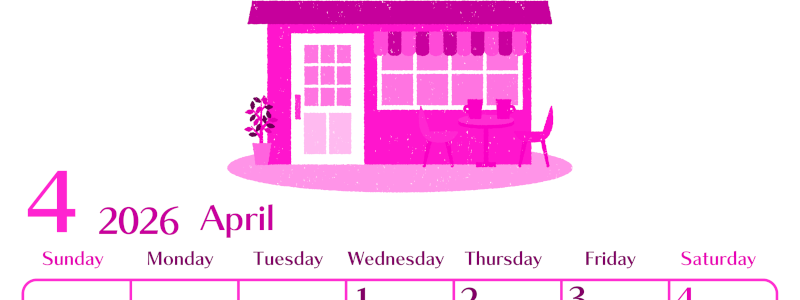 2026年4月縦型日曜始まり 新生活イラストのおしゃれA4無料ピンクのカレンダー(2026-00840410)