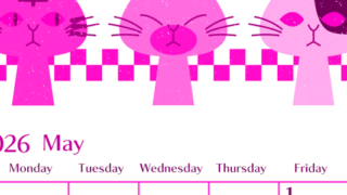 2026年5月縦型日曜始まり 猫たちイラストのおしゃれA4無料ピンクのカレンダー(2026-00840510)