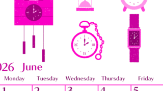 2026年6月縦型日曜始まり 時計イラストのおしゃれA4無料ピンクのカレンダー(2026-00840610)