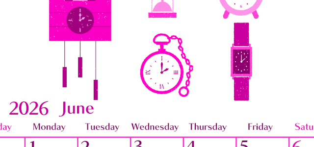 2026年6月縦型日曜始まり 時計イラストのおしゃれA4無料ピンクのカレンダー(2026-00840610)