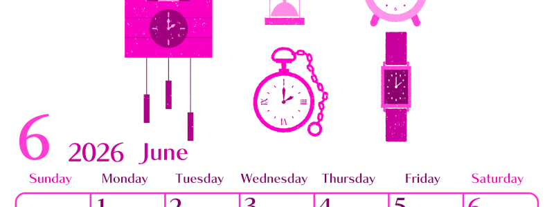 2026年6月縦型日曜始まり 時計イラストのおしゃれA4無料ピンクのカレンダー(2026-00840610)
