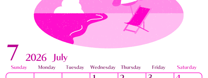 2026年7月縦型日曜始まり  バカンスイラストのおしゃれA4無料ピンクのカレンダー(2026-00840710)