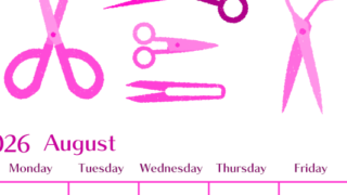 2026年8月縦型日曜始まり ハサミイラストのおしゃれA4無料ピンクのカレンダー(2026-00840810)