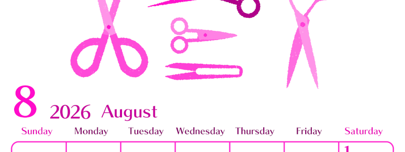 2026年8月縦型日曜始まり ハサミイラストのおしゃれA4無料ピンクのカレンダー(2026-00840810)