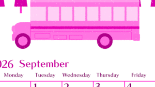 2026年9月縦型日曜始まり バスイラストのおしゃれA4無料ピンクのカレンダー(2026-00840910)