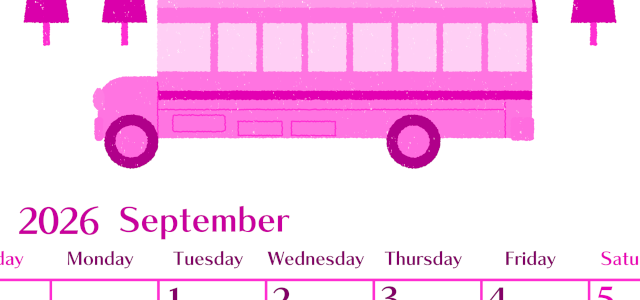 2026年9月縦型日曜始まり バスイラストのおしゃれA4無料ピンクのカレンダー(2026-00840910)