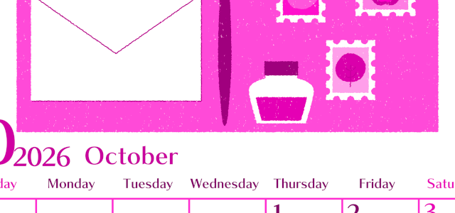 2026年10月縦型日曜始まり 手紙イラストのおしゃれA4無料ピンクのカレンダー(2026-00841010)