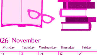 2026年11月縦型日曜始まり 読書イラストのおしゃれA4無料ピンクのカレンダー(2026-00841110)