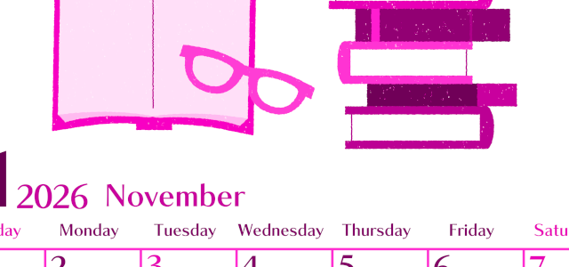 2026年11月縦型日曜始まり 読書イラストのおしゃれA4無料ピンクのカレンダー(2026-00841110)
