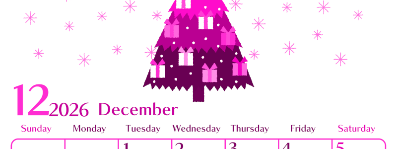 2026年12月縦型日曜始まり クリスマスツリーイラストのおしゃれA4無料ピンクのカレンダー(2026-00841210)