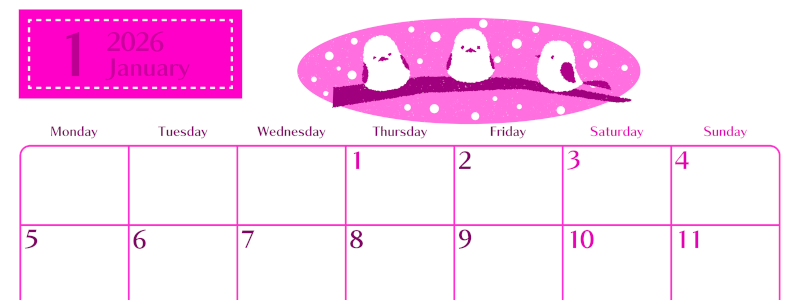 2026年1月横型月曜始まり イラストのおしゃれA4無料ピンクのカレンダー(2026-00840101)