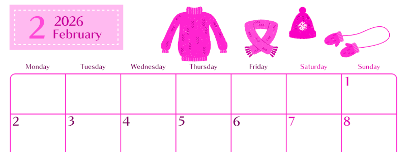 2026年2月横型月曜始まり イラストのおしゃれA4無料ピンクのカレンダー(2026-00840201)