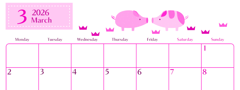 2026年3月横型月曜始まり 子豚イラストのおしゃれA4無料ピンクのカレンダー(2026-00840301)