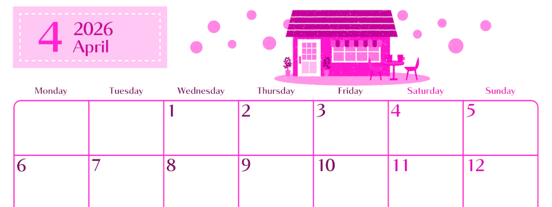 2026年4月横型月曜始まり 新生活イラストのおしゃれA4無料ピンクのカレンダー(2026-00840401)