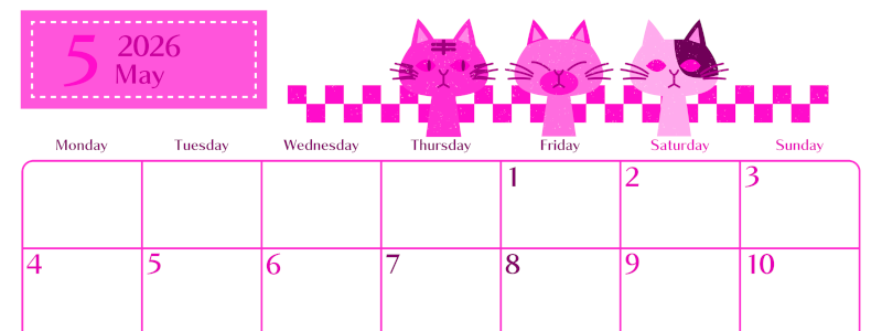 2026年5月横型月曜始まり 猫たちイラストのおしゃれA4無料ピンクのカレンダー(2026-00840501)