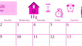 2026年6月横型月曜始まり 時計イラストのおしゃれA4無料ピンクのカレンダー(2026-00840601)