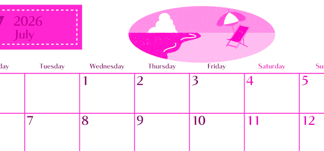 2026年7月横型月曜始まり  バカンスイラストのおしゃれA4無料ピンクのカレンダー(2026-00840701)