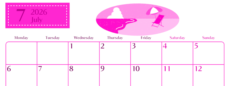 2026年7月横型月曜始まり  バカンスイラストのおしゃれA4無料ピンクのカレンダー(2026-00840701)