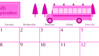 2026年9月横型月曜始まり バスイラストのおしゃれA4無料ピンクのカレンダー(2026-00840901)