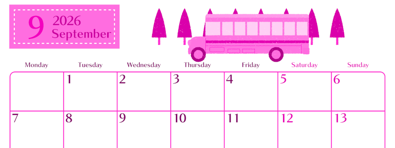 2026年9月横型月曜始まり バスイラストのおしゃれA4無料ピンクのカレンダー(2026-00840901)