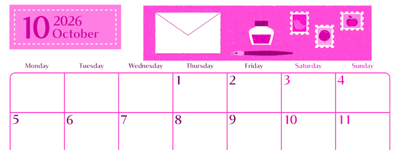 2026年10月横型月曜始まり 手紙イラストのおしゃれA4無料ピンクのカレンダー(2026-00841001)