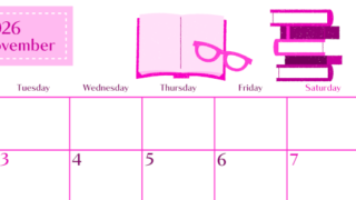 2026年11月横型月曜始まり 読書イラストのおしゃれA4無料ピンクのカレンダー(2026-00841101)