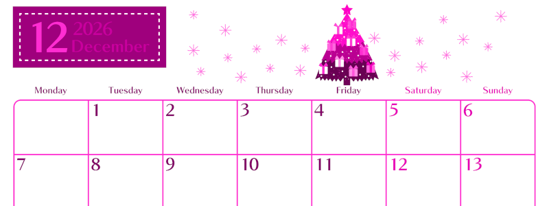 2026年12月横型月曜始まり クリスマスツリーイラストのおしゃれA4無料ピンクのカレンダー(2026-00841201)